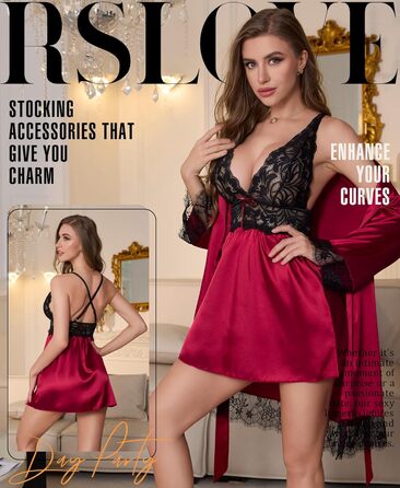 Сексуальна нічна сорочка Babydoll RSLOVE з мереживом та атласу, бордовий, розмір XXL