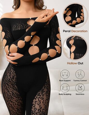 Жіночий комбінезон MD FootThera з довгими рукавами, обтислий, мереживний, прозорий, чорний