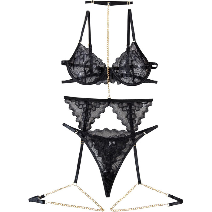 Комплект спідньої білизни Lilosy з чокером, мереживо з квітковим візерунком, Push-up, стрінг, для жінок, прозорий бюстгальтер та трусики, 3-частини (3XS, ланцюжок чорний)