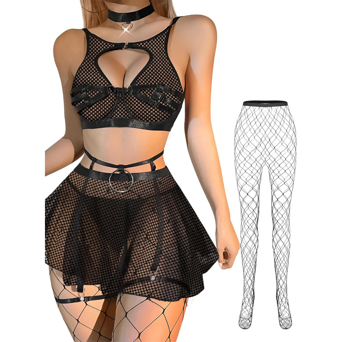 Сексуальний комплект білизни Lilosy: колготки, чокер, галстук-петля, бюстгальтер з підкладкою та кільцем, спідниця (M, сітка, чорний)