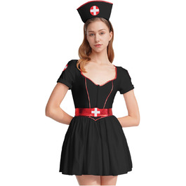 Костюм медсестри Eandarui: комплект форми лікаря/медсестри з короткими рукавами, сукня з V-подібним вирізом та спідницею А-силуету, з поясом та пов'язкою, чорний