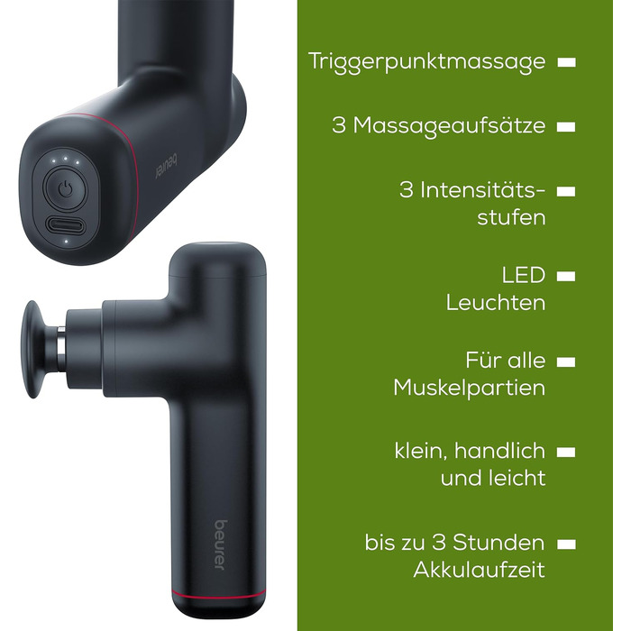 Перкусійний масажер Beurer MG 79 Massage Gun Sensitive: компактний масажний пістолет для чутливих зон, 3 насадки та 3 рівні інтенсивності