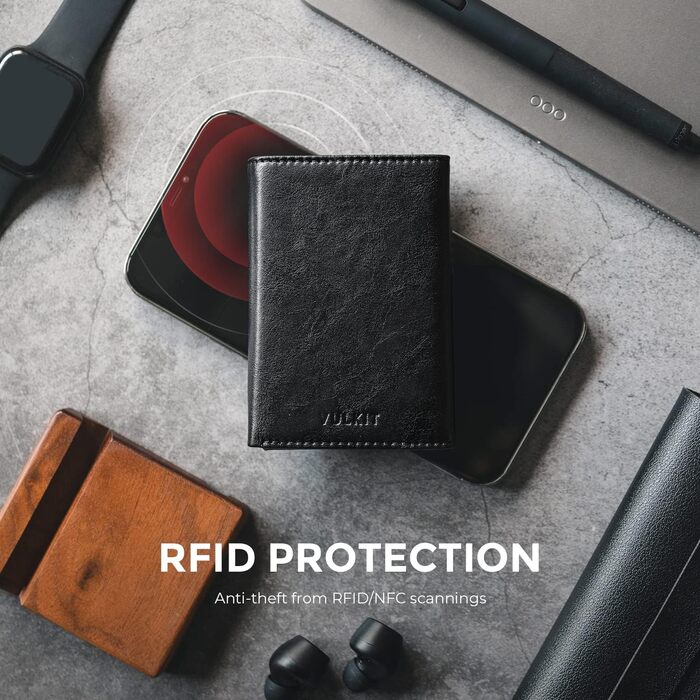 Шкіряний гаманець-картхолдер VULKIT з RFID-захистом, pop-up системою, відділенням для купюр та вікном для ID-картки, чорний