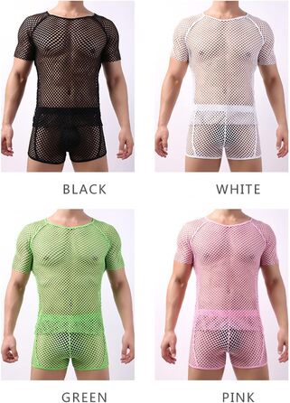 Чоловіча сітчаста прозора сорочка з коротким рукавом для нічного клубу, мереживна футболка, Nio182-888