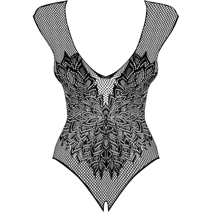 Тіло-комбінезон Obsessive чорного кольору з відкритим декором та прозорим мереживом, розмір S-L