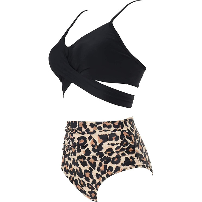 Бікіні жіночий з рюшами, комплект 2 шт. - топ з перехресною застібкою та пуш-ап, трусики з високою талією та зав'язками на спині, леопардовий принт, розмір XL