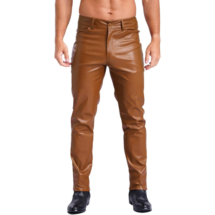 Чоловічі лосини з ефектом вологості, шкіряні лосини-легінси з виступаючими кишенями, обтягуючі, з еластичної штучної шкіри, Slim Fit, прямий крій, еротичні штани (3XL, Коричневий B)