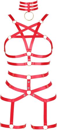 Жіночий корсет-нагрудник PETMHS у стилі панк, повна сітка, мереживний бюстгальтер та пояс-стрінг, комплект Harajuku Gothic для фестивалів та рейвів (червоний)