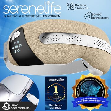 Електричний масажер для очей SereneLife з підігрівом та охолодженням, маска для очей з 5 режимами, Bluetooth-музикою та вібрацією від сухості та втоми очей