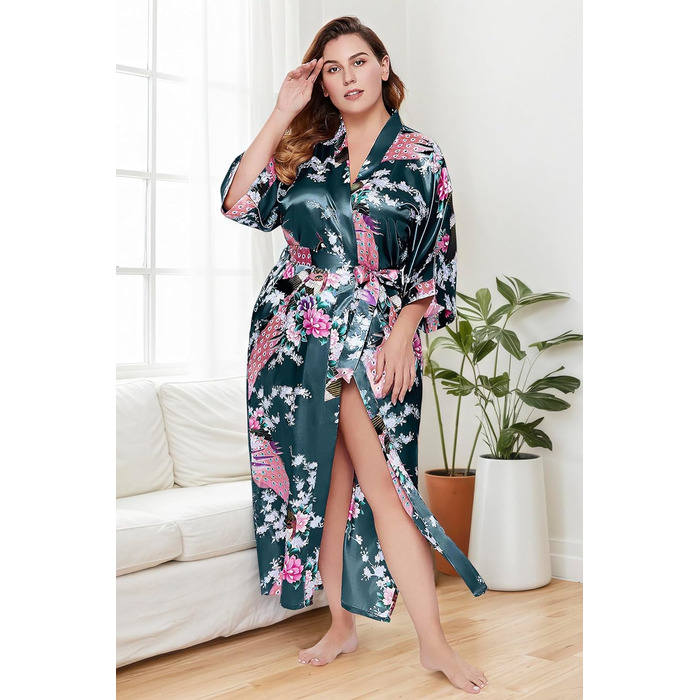 Халат жіночий BABEYOND з довгим рукавом, шовковий сатин, кімоно з принтом павича, довгий халат, піжама для вечірки, універсальний розмір, білий (універсальний розмір, чорно-синій)