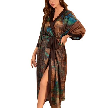 Легкий жіночий халат з атласу: сексуальний кімоно, сауна, ванна, спа. Колір: коричневий (Весняне Долина). Єдиний розмір.