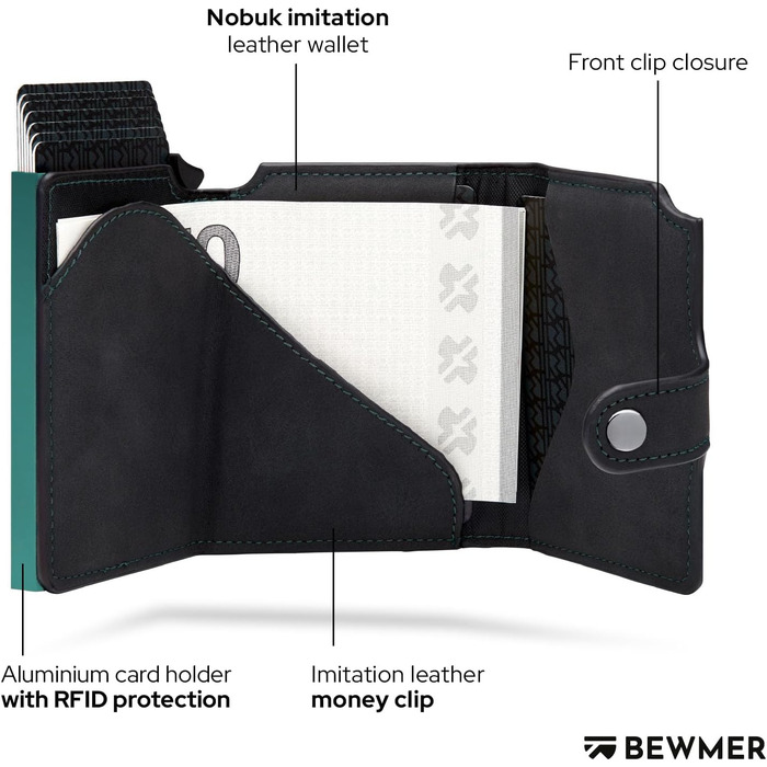 Слім-гаманець BEWMER v2 з монетницею та RFID-захистом для чоловіків та жінок, картхолдер з антиклонінгом на 9 карток та відділенням для купюр (Чорний-бірюзовий)