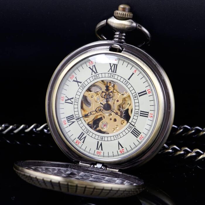 Скелетон кишеньковий механічний годинник Tiong Vintage Steampunk з ланцюжком, римські цифри, бронзовий колір (у подарунковій коробці)