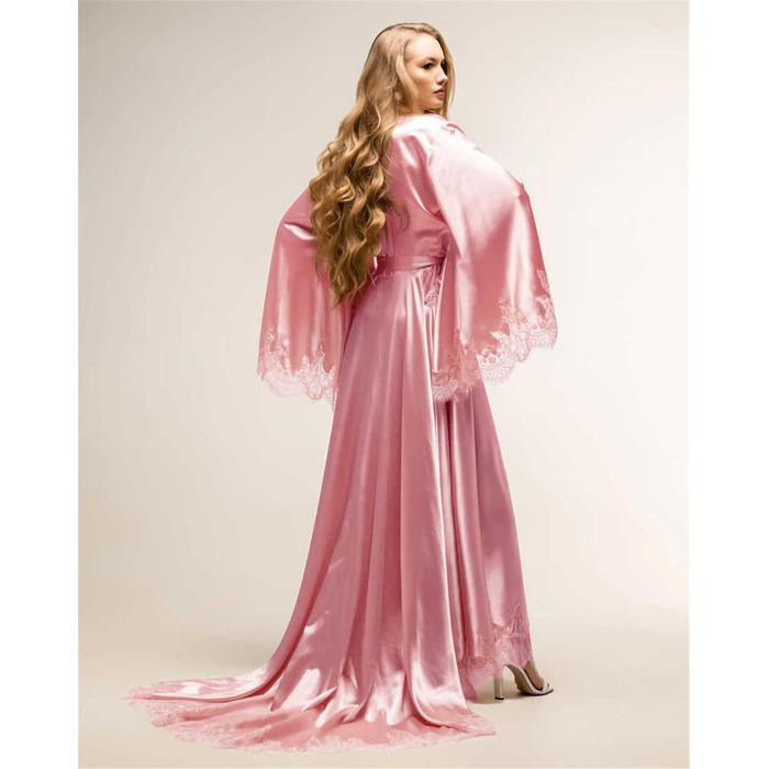 Жіночий халат з атласу, кімоно, вечірній, для весілля, вечірньої вечірки, м'який, довгі рукави (рожевий, L)