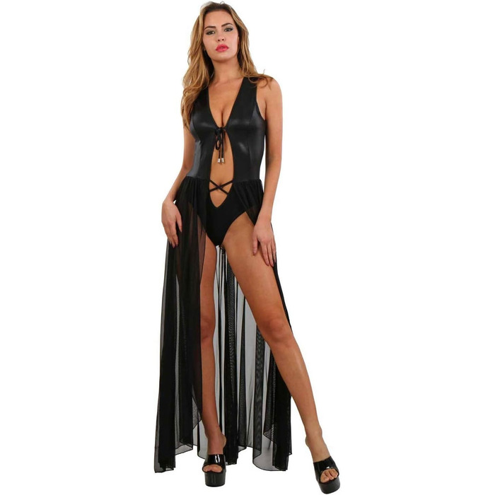 Сукня MISS NOIR довга з вбудованим боді та спідницею з тюлю – сексуальна вечірня сукня для клубу, ефект гліттеру (L-XL, чорна)