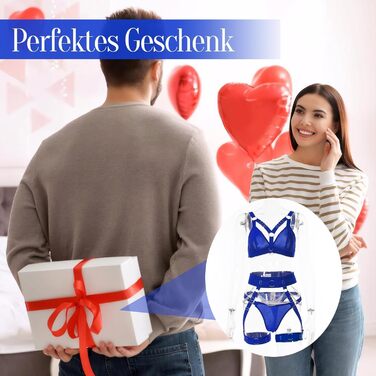 Сексуальна жіноча спідня білизна: комплект з бюстгальтером, трусиками, поясом та боді. Великі розміри, чорний та синій кольори (L).