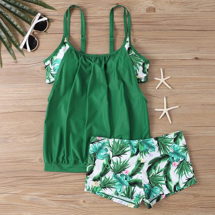 Tankini жіночий з ефектом корекції фігури, пляжний купальник роздільний, великий розмір, білий/зелений (M)