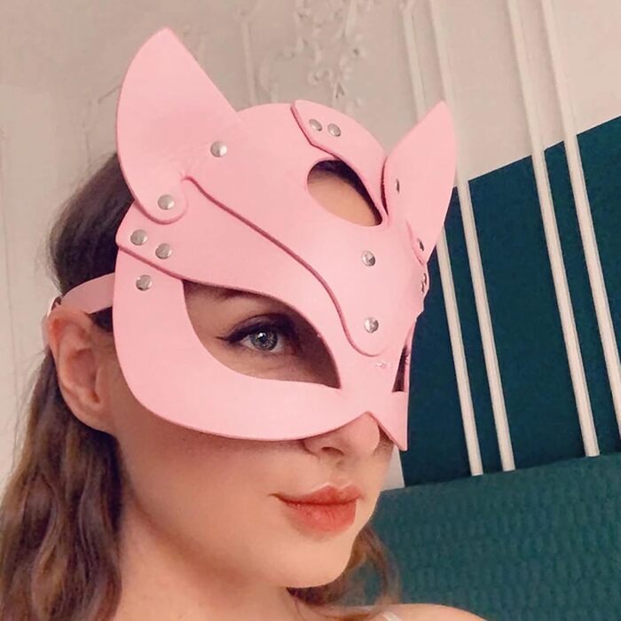 Маска для обличчя SINSEN з екошкіри у вигляді кота, для косплею, Хелловін, карнавал, аксесуар (Рожева)