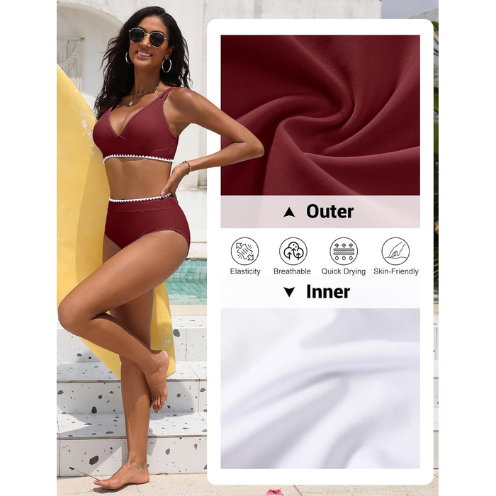 БІКІНІ ЖІНОЧИЙ ДВІ-ШТУЧКИ ПУШ-АП, ВИСОКА ТАЛІЯ, З БІЛИМ КРУЖИВОМ (БОРДОВИЙ, XL)