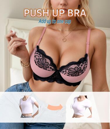 Трусики бюстгальтер для жінок Bügel BHS Push-up з квітковою мереживом, глибокий V-подібний виріз, додавання чашечки, повсякденний одяг (75B, Рожевий)