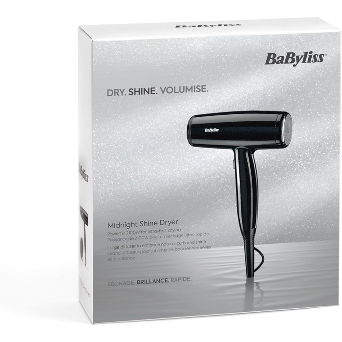 Фен для волосся BaByliss Cosmos D580DE з дифузором, 2100 Вт, іонізація, 3 температурні та 2 швидкості обдуву, сріблястий (Black Sparkle)