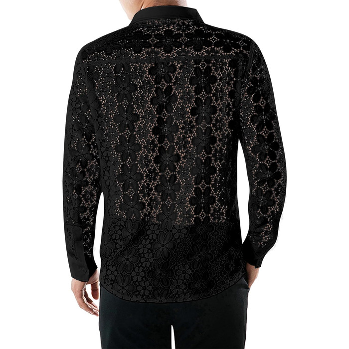 Чоловіча прозора сорочка з квітковим принтом Crongless, мереживо, застібка на ґудзики, довгі рукави, повсякденна сорочка для вечірок (XXL, чорний)