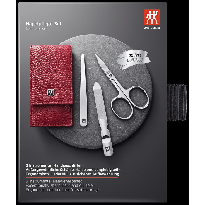 Набір для манікюру та педикюру ZWILLING (3 предмети), полірована нержавіюча сталь, шкіряний футляр, червоний