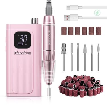 Акумуляторний електричний апарат для манікюру та педикюру MelodySusie SC300F, 30000 об/хв, з LCD-дисплеєм, для гель-лаків та акрилу, рожевий