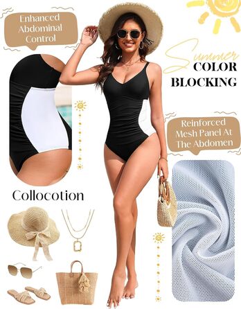 Чоловічий купальник Badeanzug Damen Bauchweg Figurformend Sexy V-Ausschnitt One Piece Swimsuit Verstellbare Schultergurte Seitentaille mit Farbblock Schwimmanzug Schwarz L
