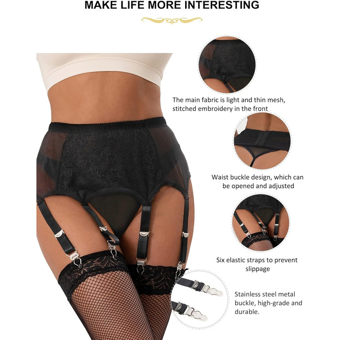 Чорний корсет-стрінг з мереживом великих розмірів з 6 бретелями та металевими кліпсами для панчіх, великий розмір, для жінок
