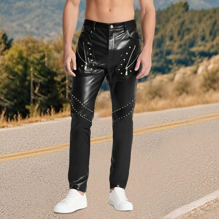 Чоловічі штани-легінси з еластичної шкірозамінної тканини Wetlook, Slim fit, для мотоциклів, вечірок, клубів (M, Чорний)