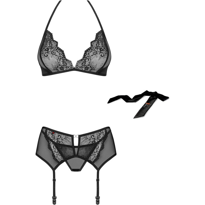 Сексуальний жіночий комплект нижньої білизни Selente Love & Fun: бюстгальтер, трусики та шовкова маска для очей, чорний мереживний халтер (S-M), Made in EU