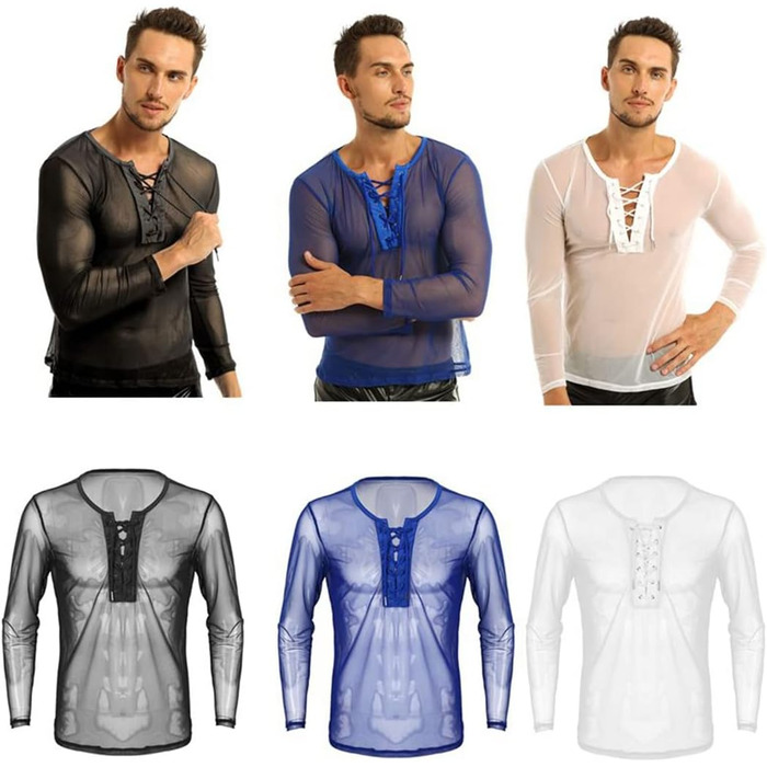 Чоловіча футболка з шнурівкою та сіткою, прозора - для клубів та вечірок