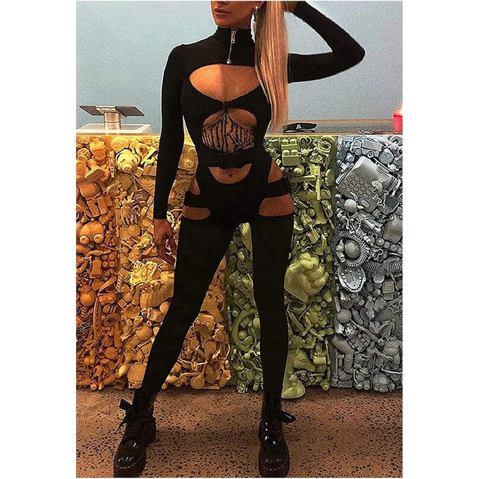 Комбінезон жіночий Sedmoda чорний з довгим рукавом, облягаючий з пряжкою