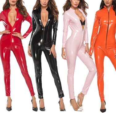 Комбінезон жіночий YZPNBW з еластичної шкіри (wetlook) з блискавкою, облягаючий, червоний, для клубів та вечірок, великий розмір XL