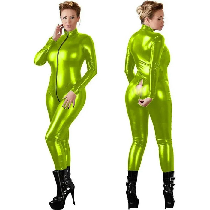 Костюм-боді LIUPENGKUUUNWING великого розміру, шкіряний, з довгим рукавом, застібка блискавка спереду, костюм для pole dance, боді (світло-зелений, XS)