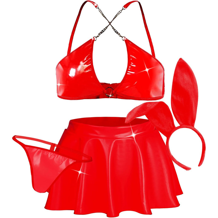 Сукня з екошкіри для жінок Auing, комплект нижньої білизни, костюм зайчика, XL (червоний, S)