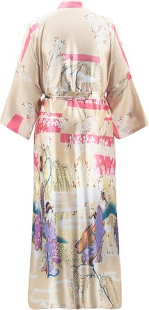 Халат кімоно для жінок, великі розміри, сатин, легкий, японський стиль, плюс сайз, халат для ванни, юката (Sakura Ukiyoe Champagne, XXL)