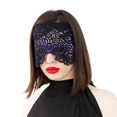Ручна вишита мереживна маска на обличчя з каміння для жінок, чорна маска для маскараду, балу, карнавалу, весілля, бурлеску, косплею, Марді Гра (чорний колір з блакитними камінцями)