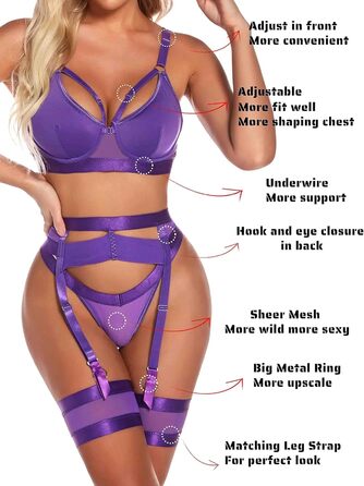 Комплект жіночої білизни Aranmei: готичний сет з корсетним поясом, бюстгальтер, трусики, з вирізами (L, фіолетовий)