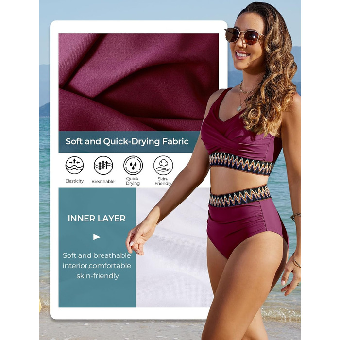 БІКІНІ жіночий комплект з високою талією, купальник з животом, двочастинний сексуальний V-подібний виріз, пуш-ап бікіні, кольоровий смугастий, великі розміри, бікіні для пляжу (пурпурно-червоний, L)