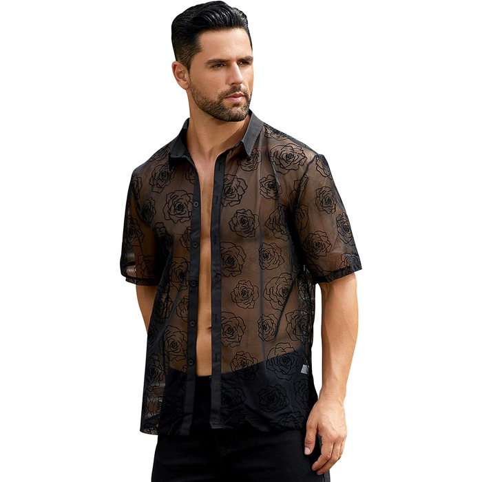 Чоловіча мереживна сорочка з короткими рукавами ABEHIK для рейв-вечірок та клубу (темно-синій, S)