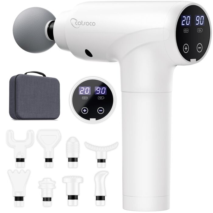 Перкусійний масажер Massage Gun з LED-екраном, електричний масажний пістолет для м'язів (20 швидкостей, 9 насадок, білий)