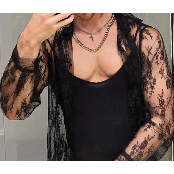 Чоловіча прозора сорочка Detten: мереживна футболка з довгим рукавом, сексуальна клубна сорочка, чорний колір, універсальний розмір (L)