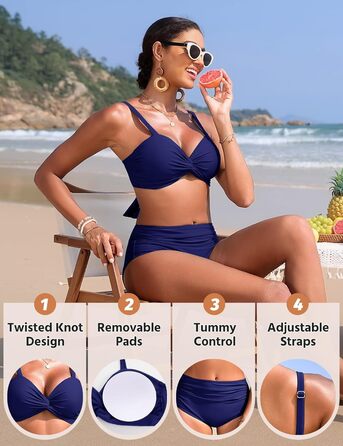 Бікіні жіночий комплект з високою талією, суцільний купальник push-up, двокомпонентний, з V-подібним вирізом, пляжна мода, бікіні для жінок (темно-синій, S)