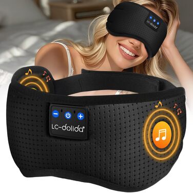 Маска для сну з Bluetooth-навушниками LC-dolida V5.4, дихаюча бавовняна маска для очей з мікрофоном для подорожей, йоги та медитації, HiFi-звук, 15 годин роботи (матовий чорний)