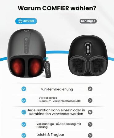 Електричний масажер для ніг COMFIER Shiatsu з функцією підігріву, розминком та компресією, 3 рівні інтенсивності, до 46 розміру EU
