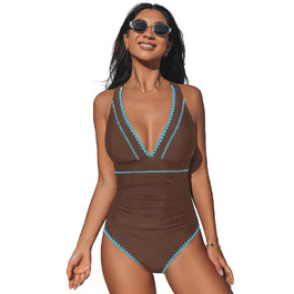 CUPSHE купальник цілісний з V-подібним вирізом, з драпіруванням, регульовані бретелі, перехресні зав'язки, коричневий petrol (XS)