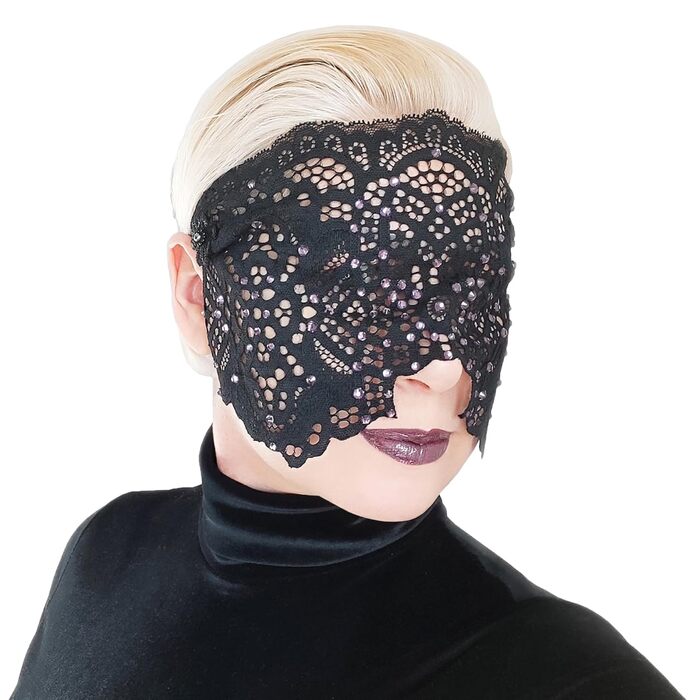 Ручна вишита мереживна маска на обличчя з камінням для жінок, чорна маска для маскараду, балу, карнавалу, весілля, бурлеску, косплею, Марді Гра (чорний колір з фіолетовим камінням)
