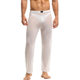 Чоловічі прозорі штани з мережива, нічна сорочка, спідня білизна, штани з нейлону, довгі прозорі штани, мереживні штани änner, штани з тонкої сітки, матеріал - тюль (M, білий)